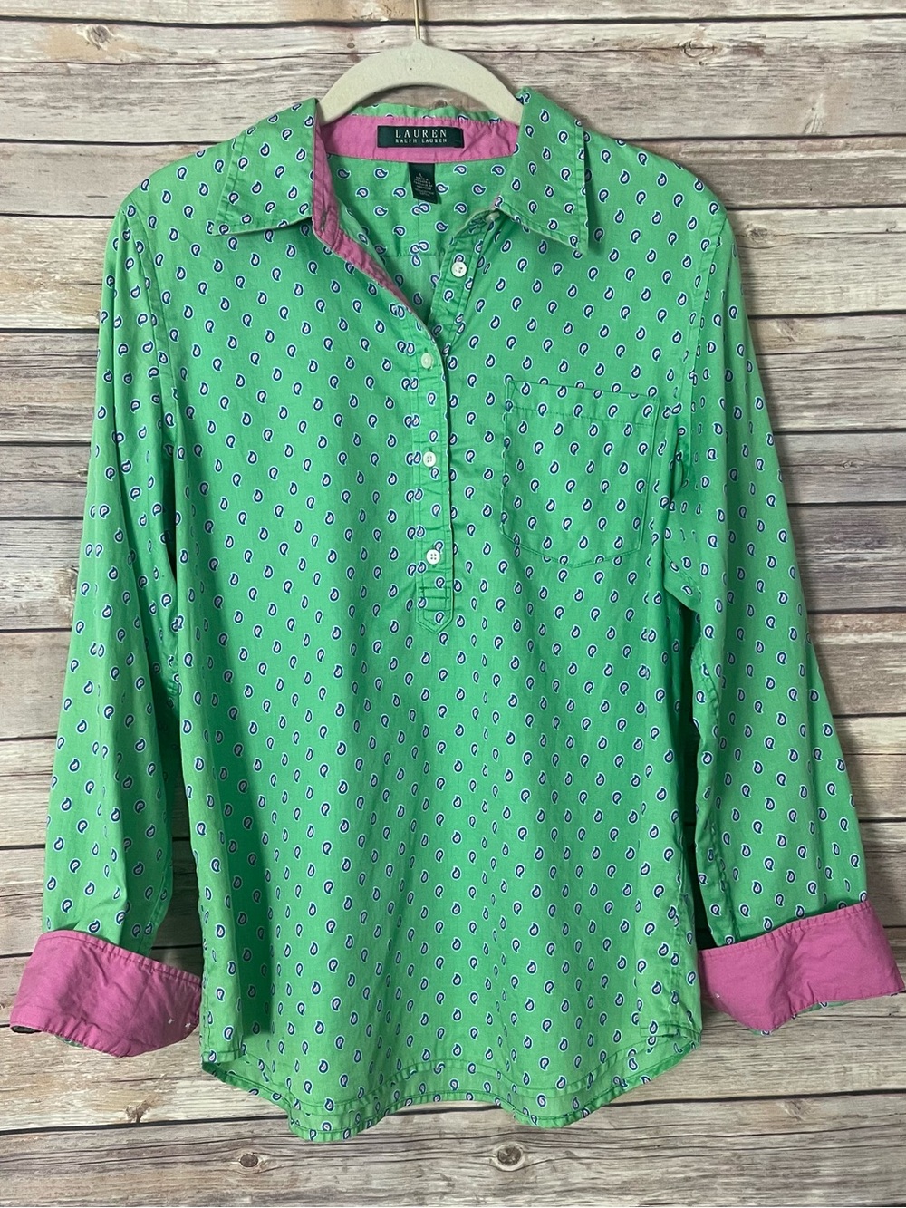Lauren Ralph Lauren Green Shirt with Pink Trim